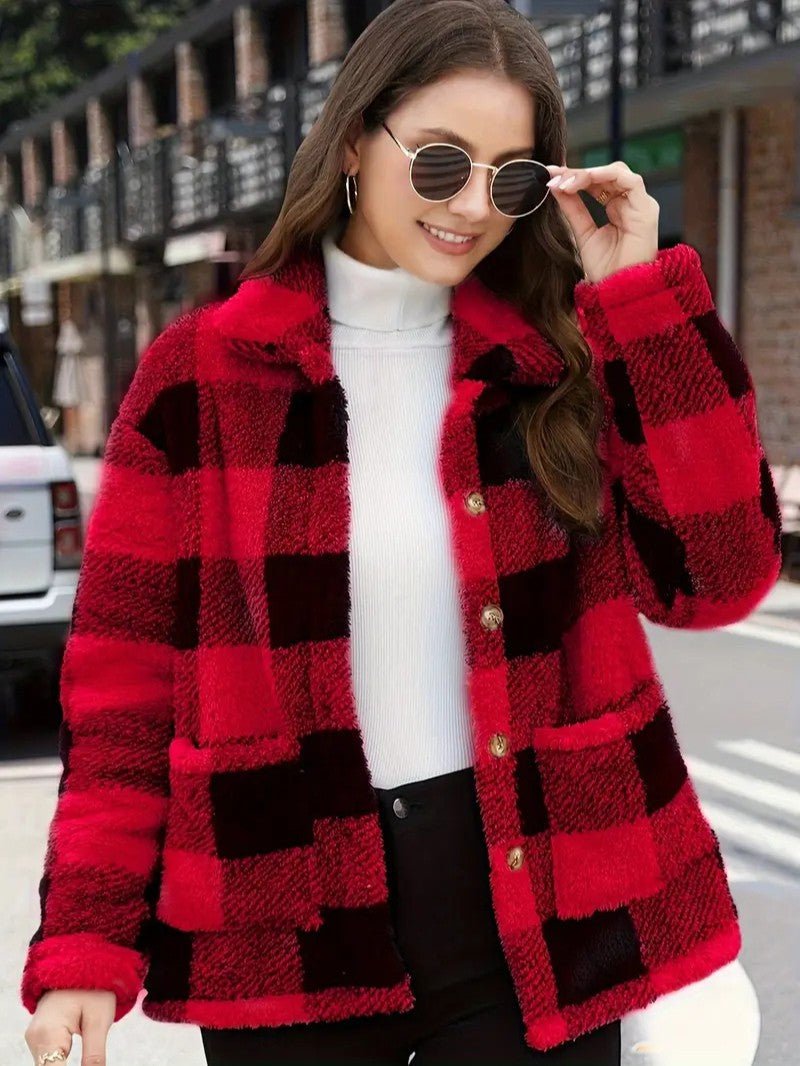 Women's Plaid Winter Jacket with Button Front | Collar