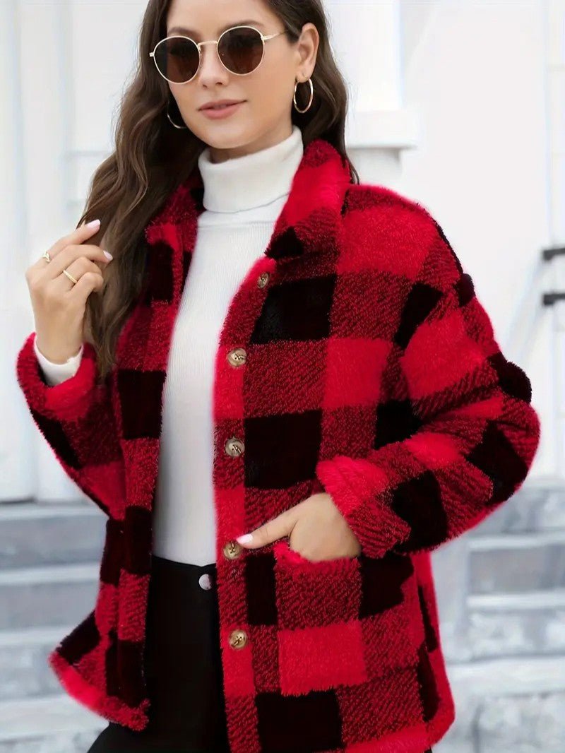 Women's Plaid Winter Jacket with Button Front | Collar