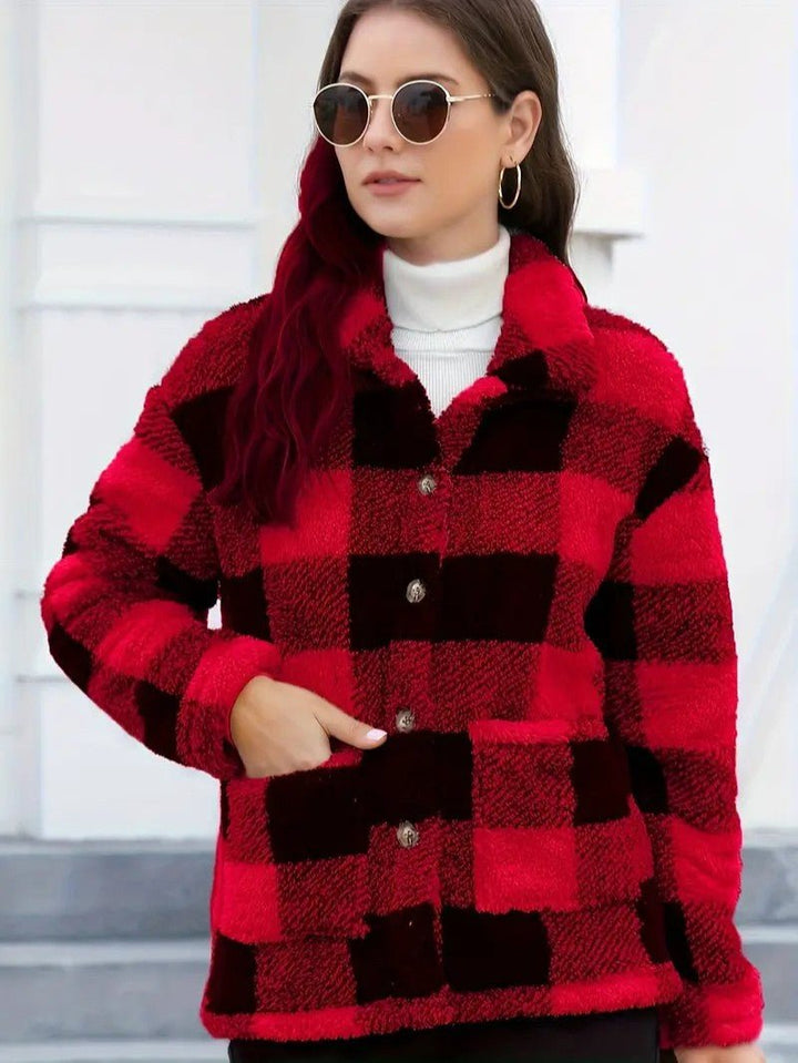 Women's Plaid Winter Jacket with Button Front | Collar