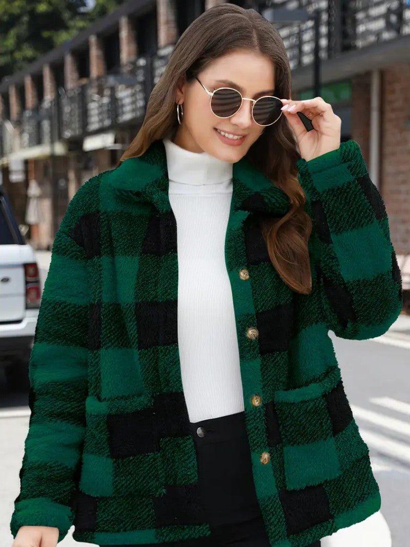 Women's Plaid Winter Jacket with Button Front | Collar