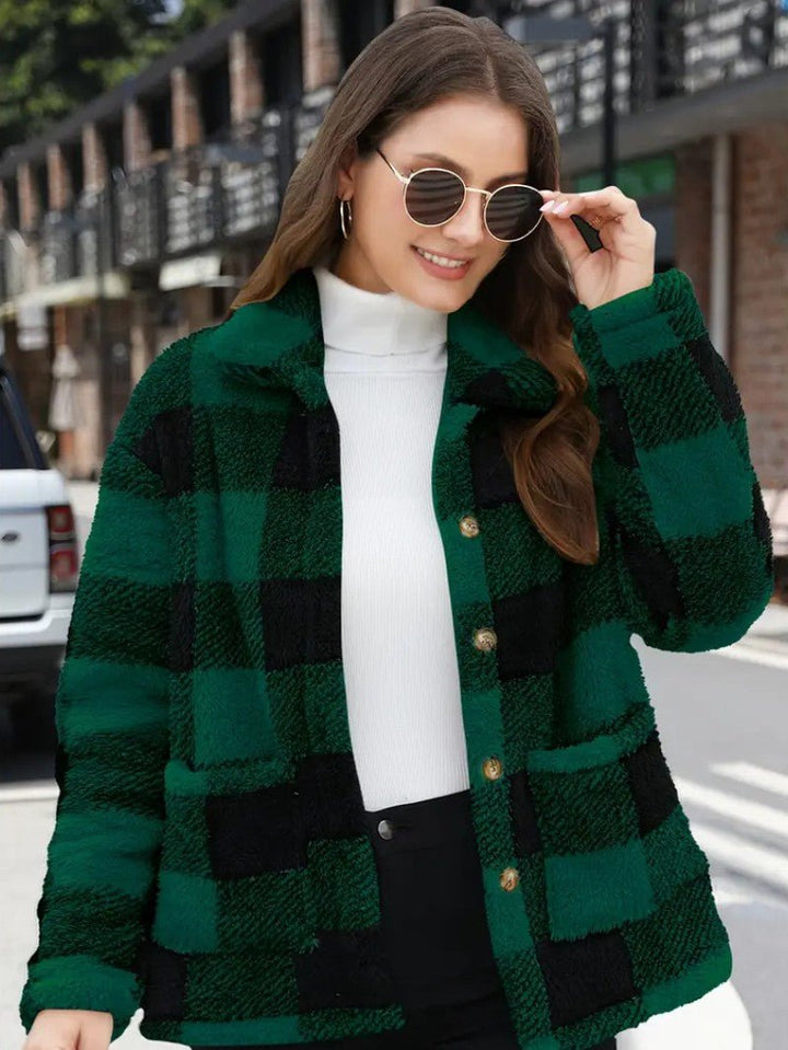 Women's Plaid Winter Jacket with Button Front | Collar