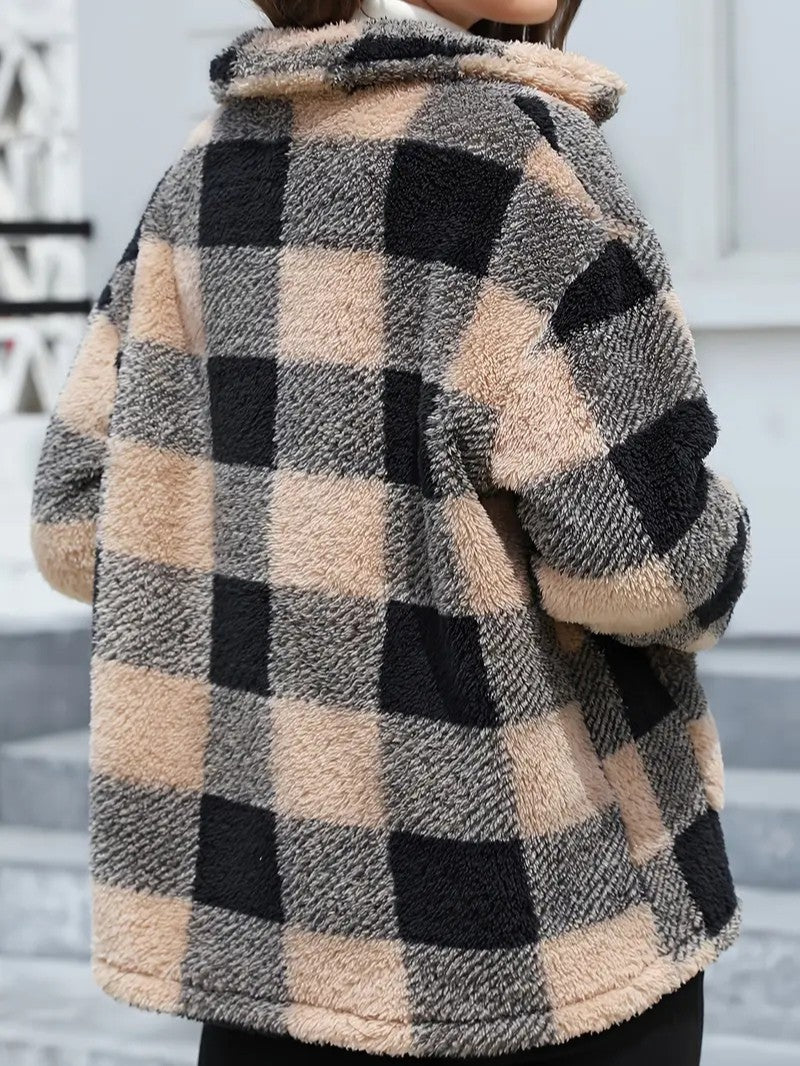 Women's Plaid Winter Jacket with Button Front | Collar
