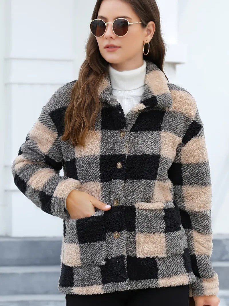 Women's Plaid Winter Jacket with Button Front | Collar