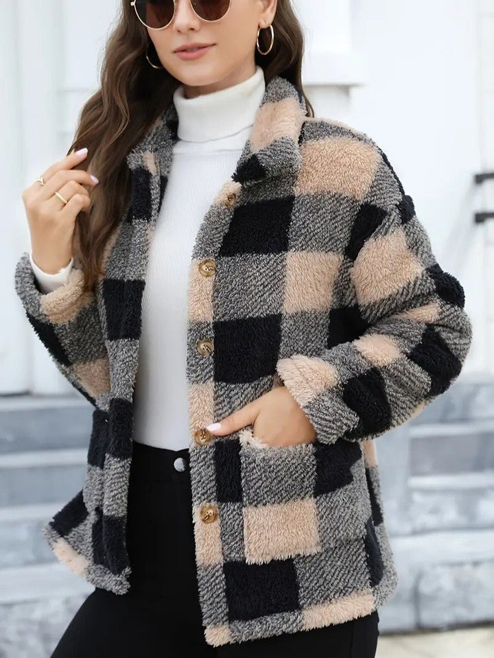 Women's Plaid Winter Jacket with Button Front | Collar