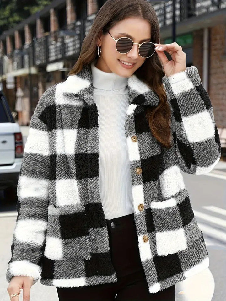 Women's Plaid Winter Jacket with Button Front | Collar