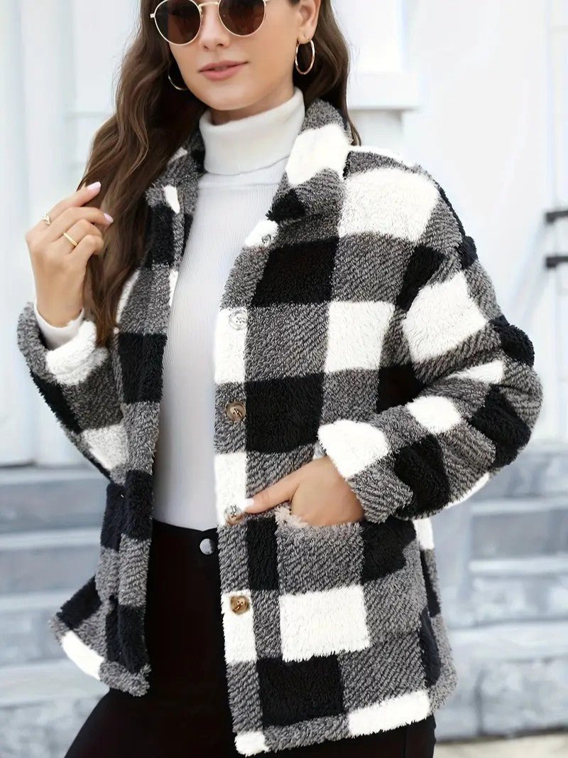Women's Plaid Winter Jacket with Button Front | Collar