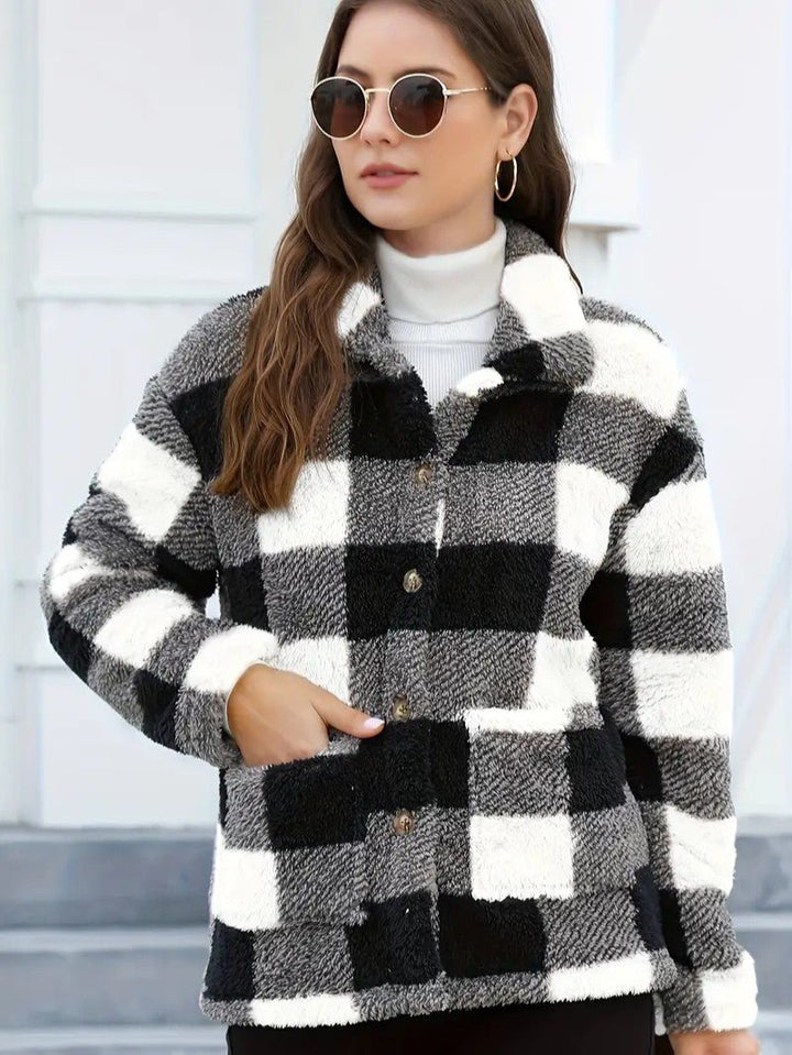 Women's Plaid Winter Jacket with Button Front | Collar