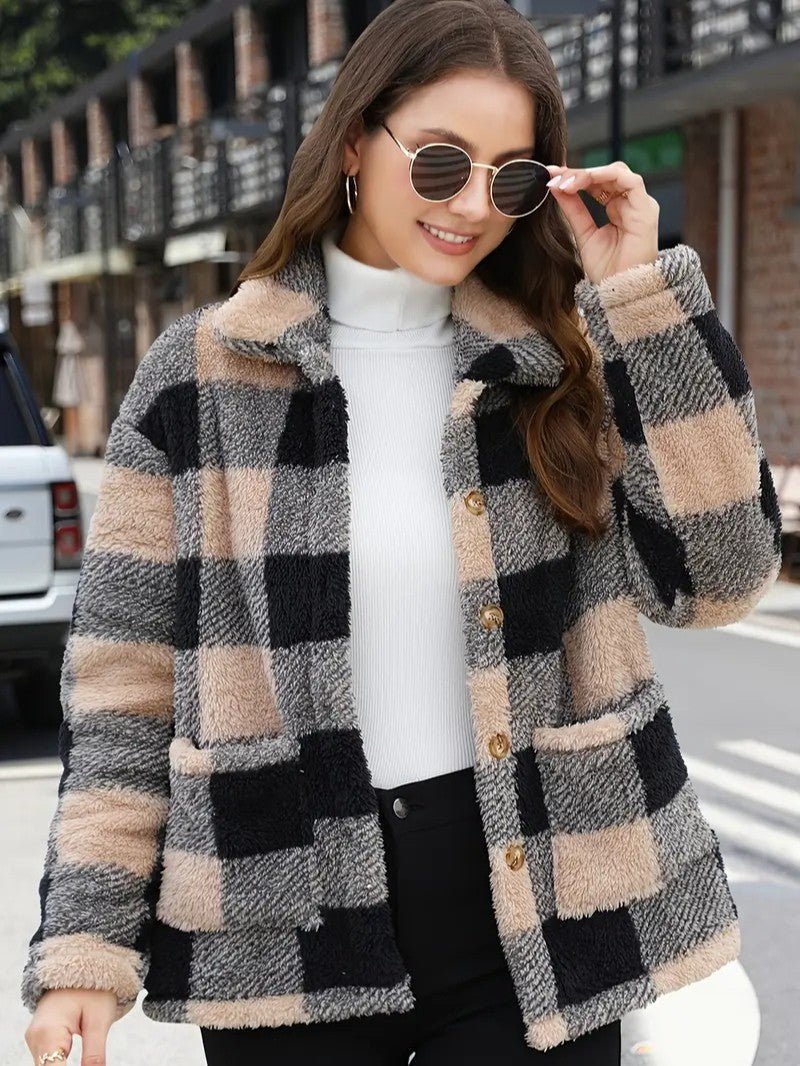 Women's Plaid Winter Jacket with Button Front | Collar