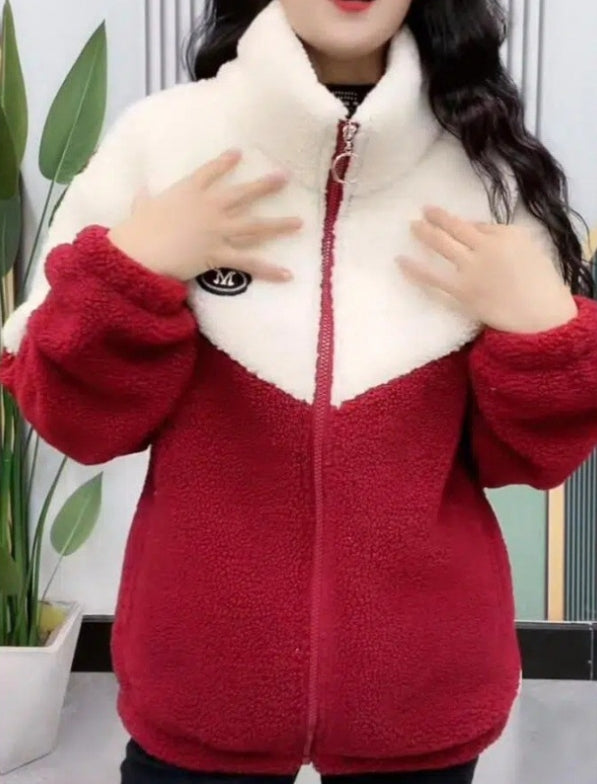 Women's Plush Snow Jacket with Stand Collar & Zip | Oversized