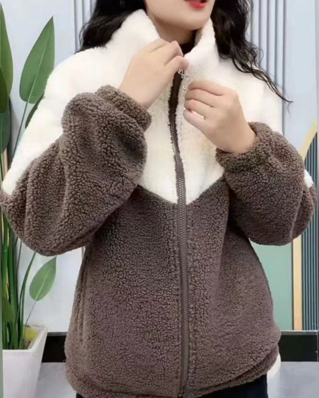 Women's Plush Snow Jacket with Stand Collar & Zip | Oversized