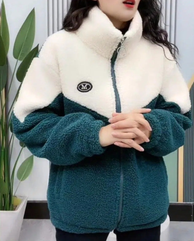 Women's Plush Snow Jacket with Stand Collar & Zip | Oversized