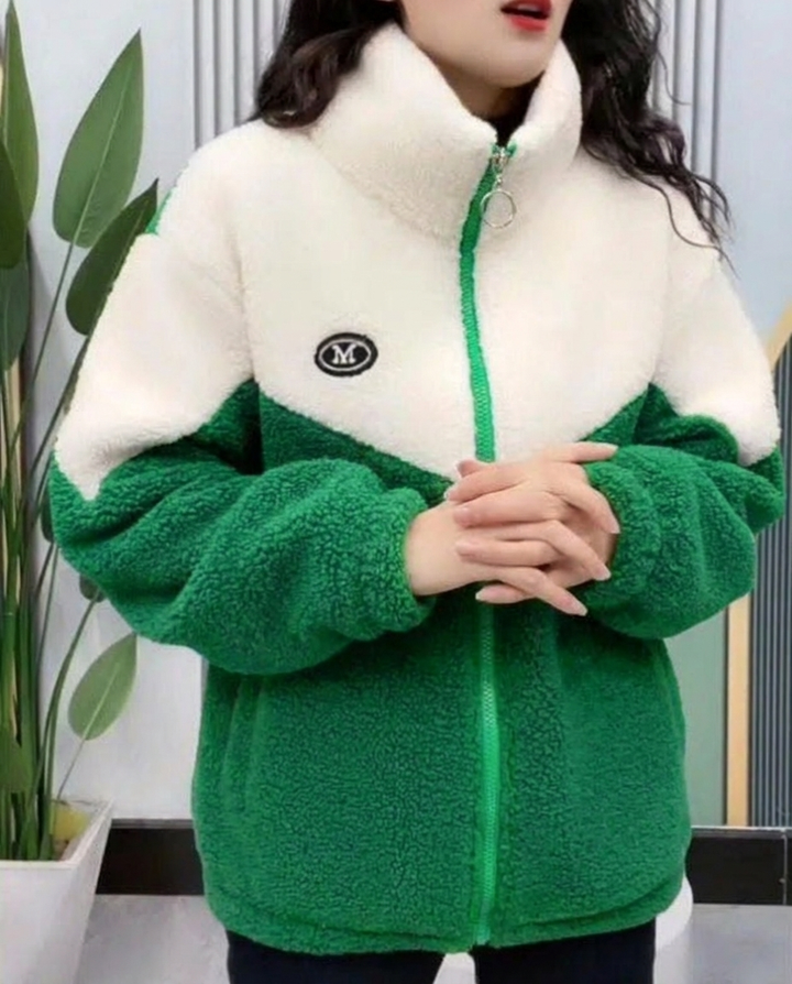 Women's Plush Snow Jacket with Stand Collar & Zip | Oversized