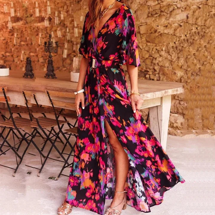 Women's Printed Wrap Dress with Side Slit | Maxi