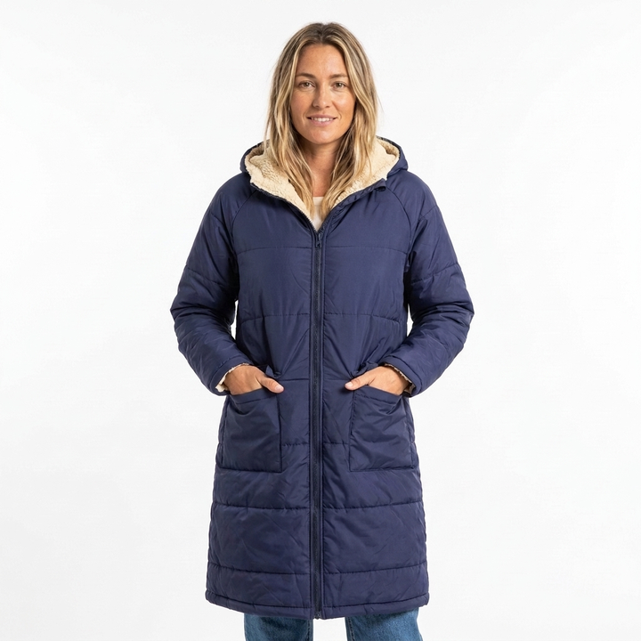 Women's Puffer Jacket Long with Hooded Collar & Lined | Zip Up