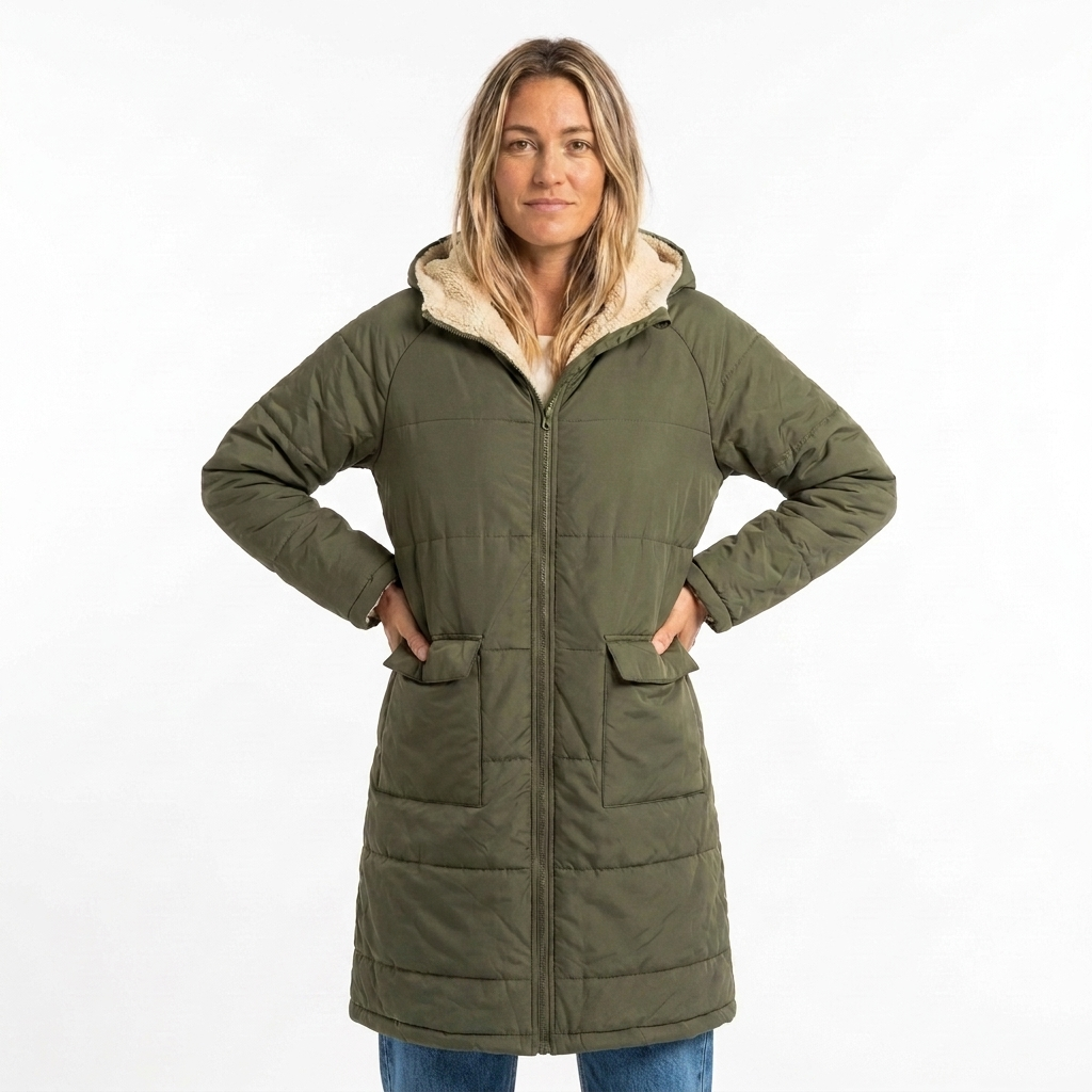 Women's Puffer Jacket Long with Hooded Collar & Lined | Zip Up