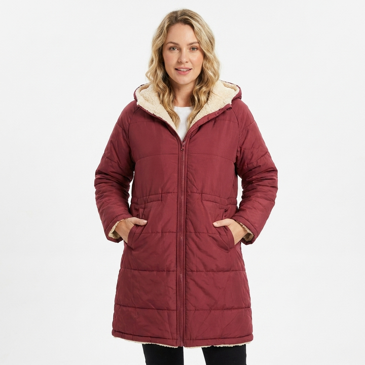 Women's Puffer Jacket Long with Hooded Collar & Lined | Zip Up