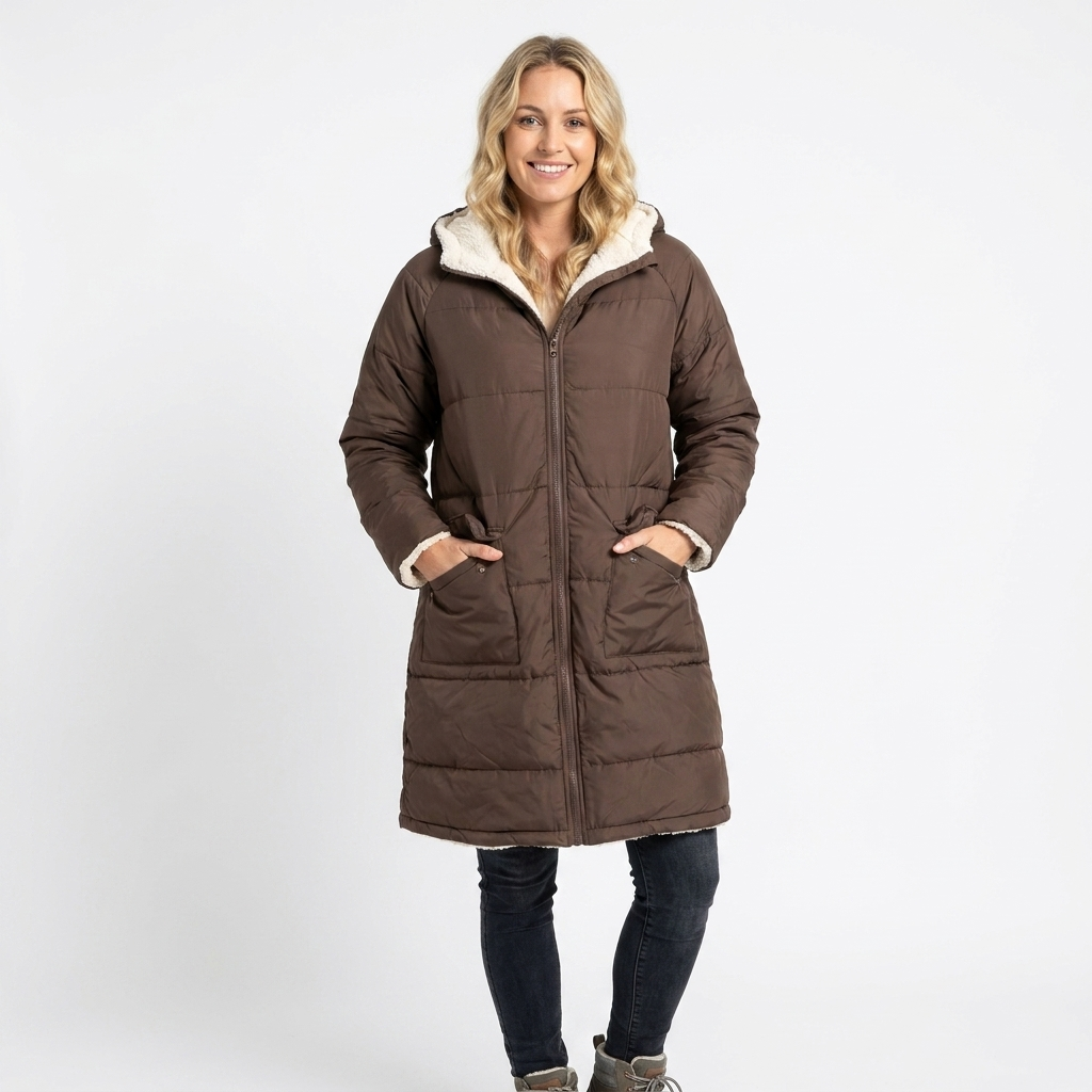 Women's Puffer Jacket Long with Hooded Collar & Lined | Zip Up