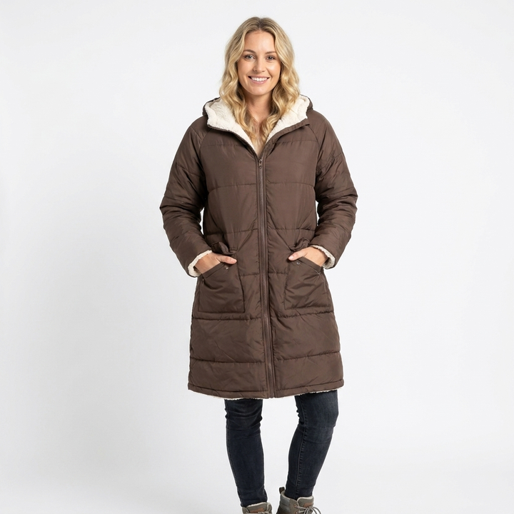Women's Puffer Jacket Long with Hooded Collar & Lined | Zip Up