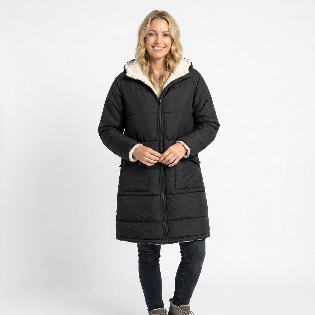 Women's Puffer Jacket Long with Hooded Collar & Lined | Zip Up