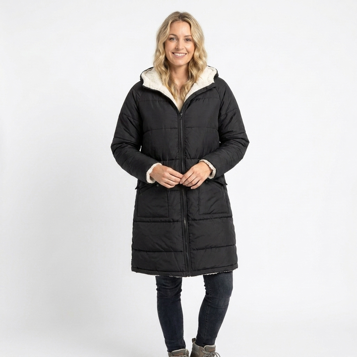 Women's Puffer Jacket Long with Hooded Collar & Lined | Zip Up