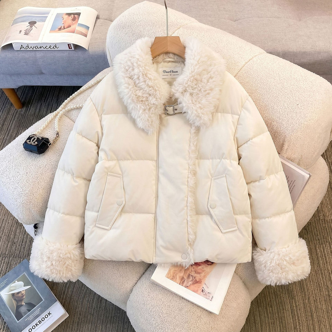 Women's Puffer Jacket with Fluffy Collar & Cuffs | Cropped Style