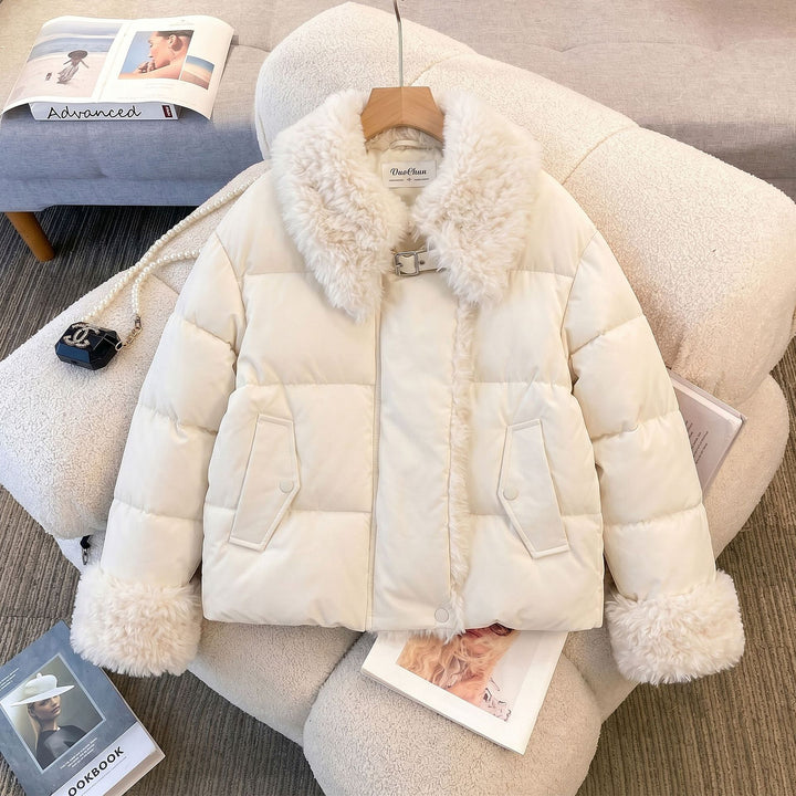 Women's Puffer Jacket with Fluffy Collar & Cuffs | Cropped Style