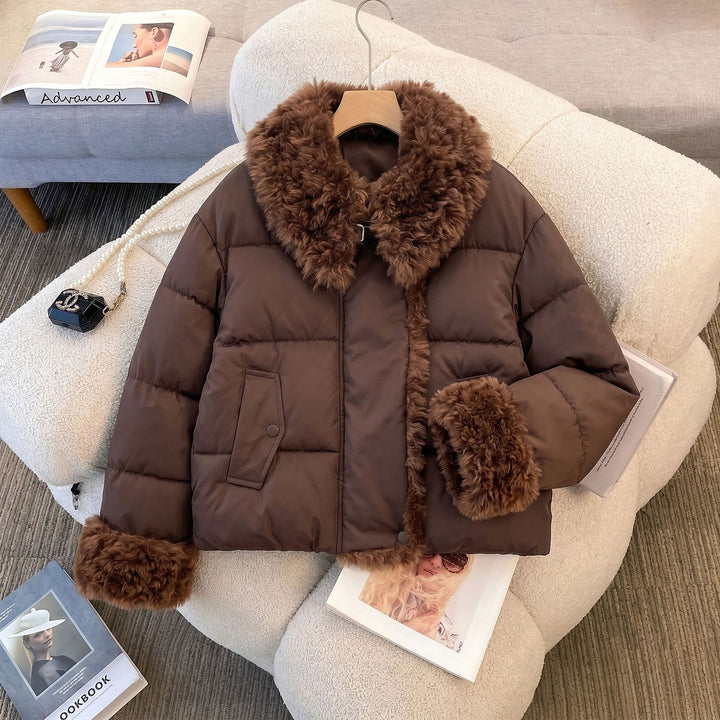 Women's Puffer Jacket with Fluffy Collar & Cuffs | Cropped Style