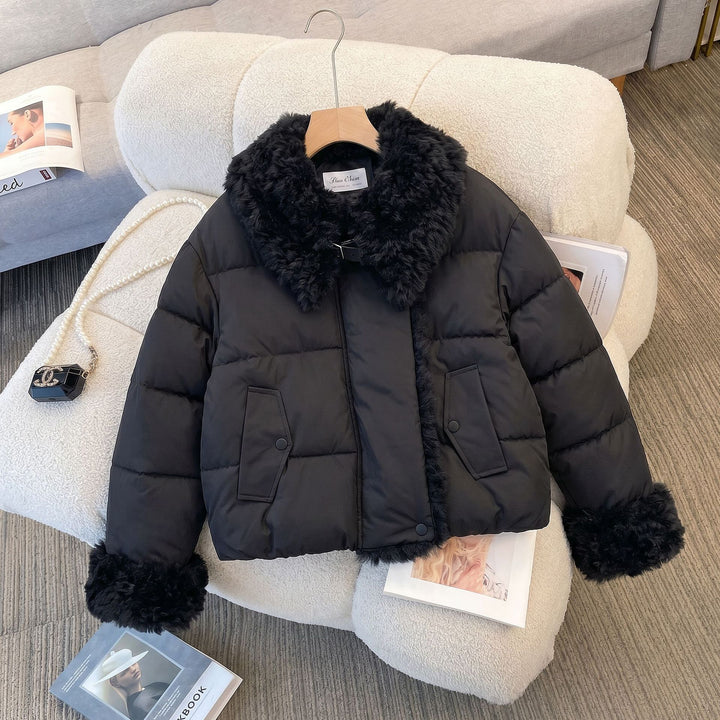 Women's Puffer Jacket with Fluffy Collar & Cuffs | Cropped Style
