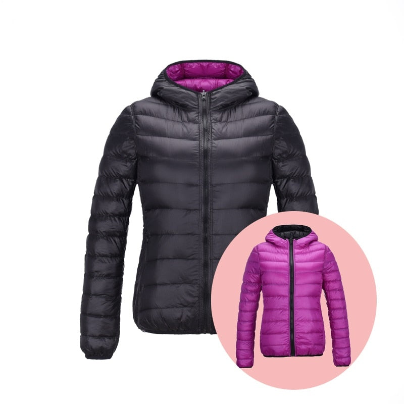 Women's Puffer Jacket with Hood | Reversible
