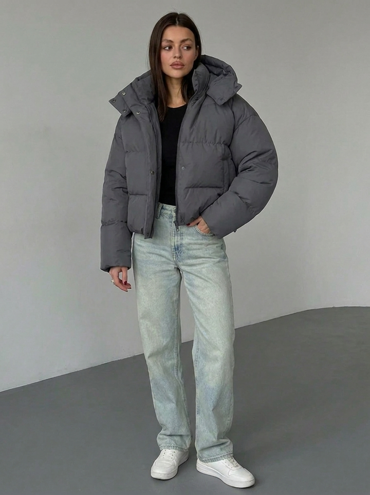 Women's Puffer Jacket with Hood & Zip Up | Cropped