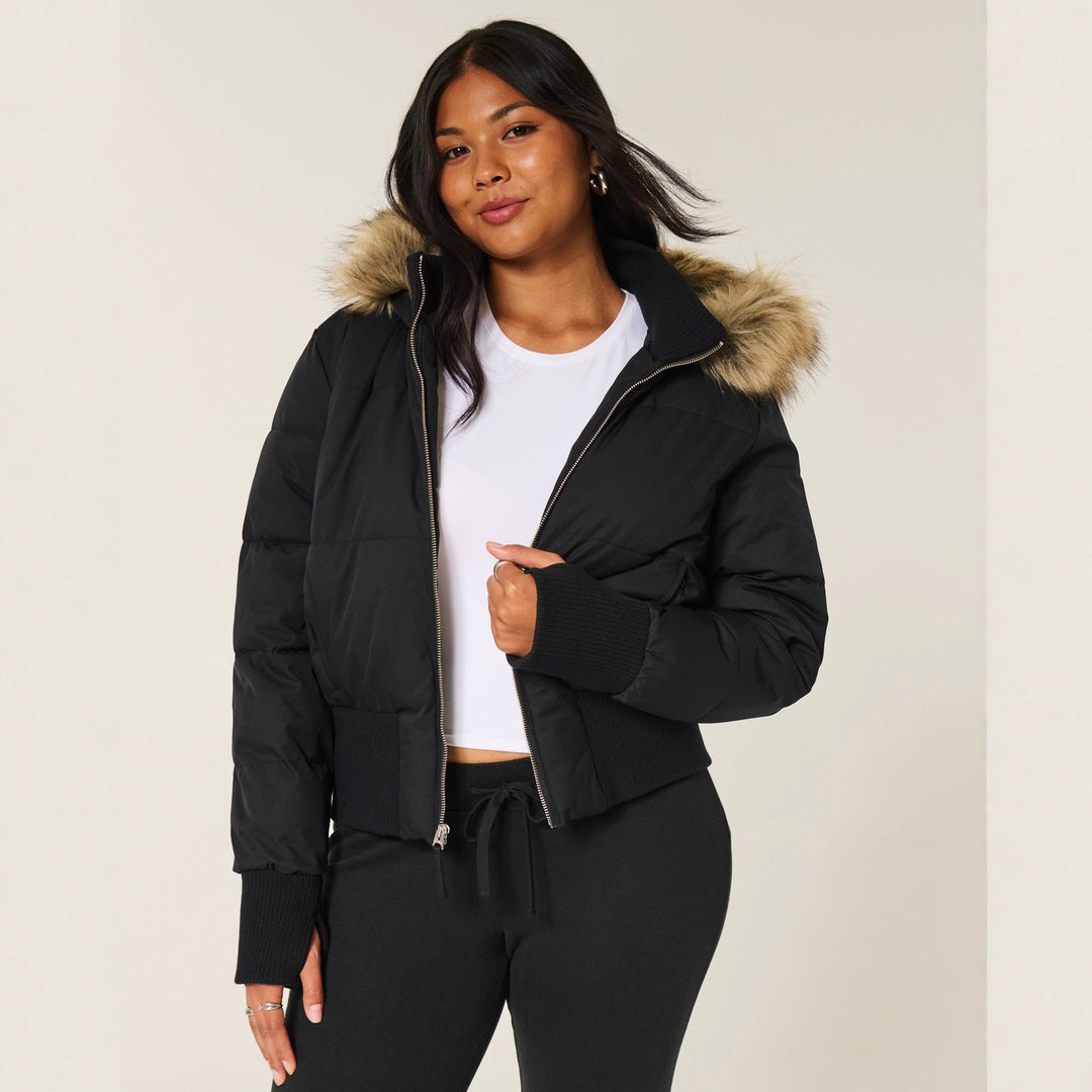Women's Puffer Jacket with Hood & Zip Up | Ribbed Cuffs
