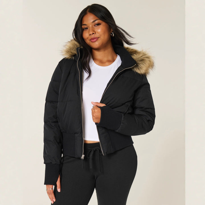 Women's Puffer Jacket with Hood & Zip Up | Ribbed Cuffs