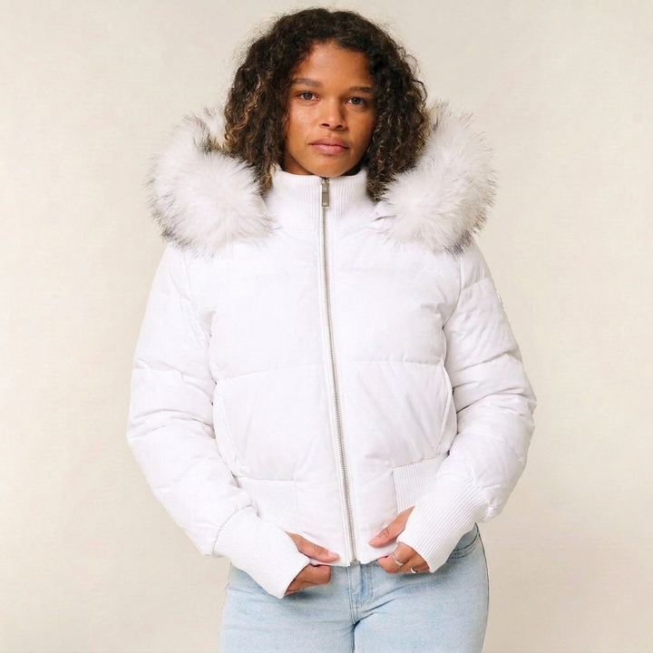 Women's Puffer Jacket with Hood & Zip Up | Ribbed Cuffs