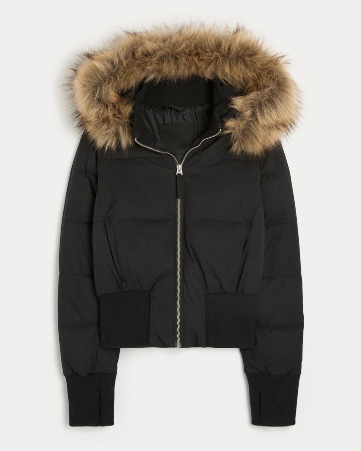 Women's Puffer Jacket with Hood & Zip Up | Ribbed Cuffs