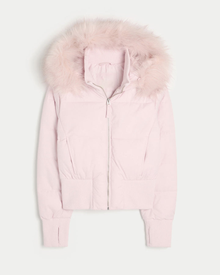 Women's Puffer Jacket with Hood & Zip Up | Ribbed Cuffs