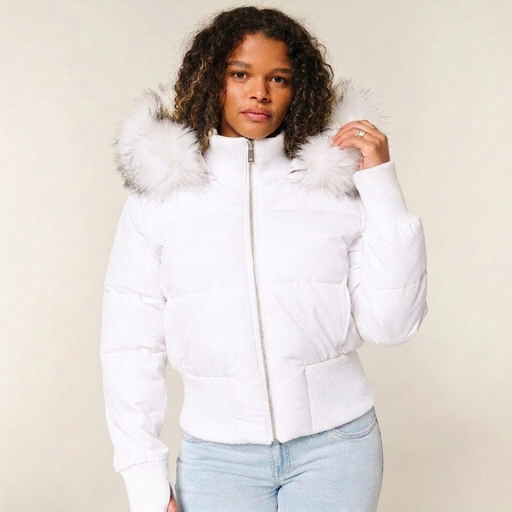 Women's Puffer Jacket with Hood & Zip Up | Ribbed Cuffs