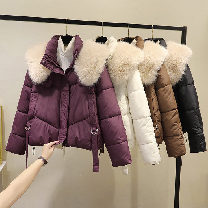 Women's Puffer Jacket with Stand & Fluffy Collar | Cropped Winter