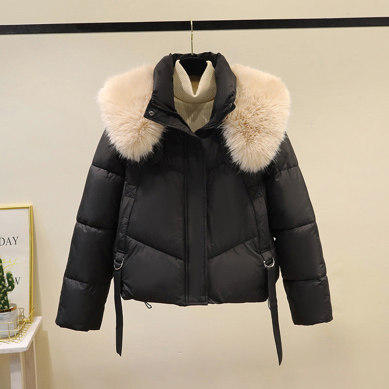 Women's Puffer Jacket with Stand & Fluffy Collar | Cropped Winter