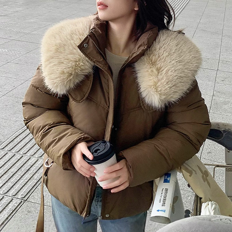 Women's Puffer Jacket with Stand & Fluffy Collar | Cropped Winter