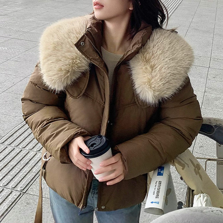 Women's Puffer Jacket with Stand & Fluffy Collar | Cropped Winter