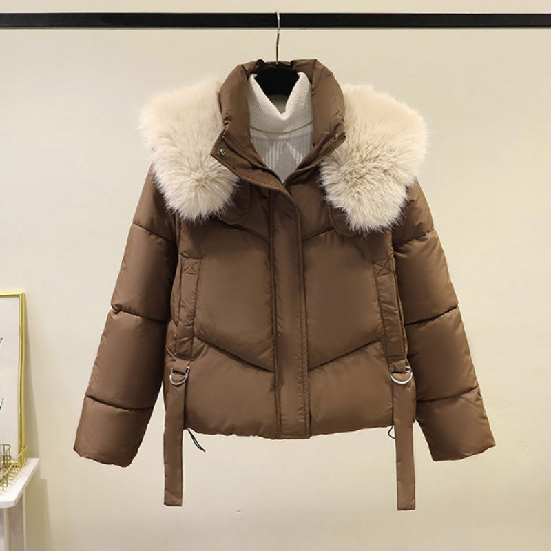 Women's Puffer Jacket with Stand & Fluffy Collar | Cropped Winter