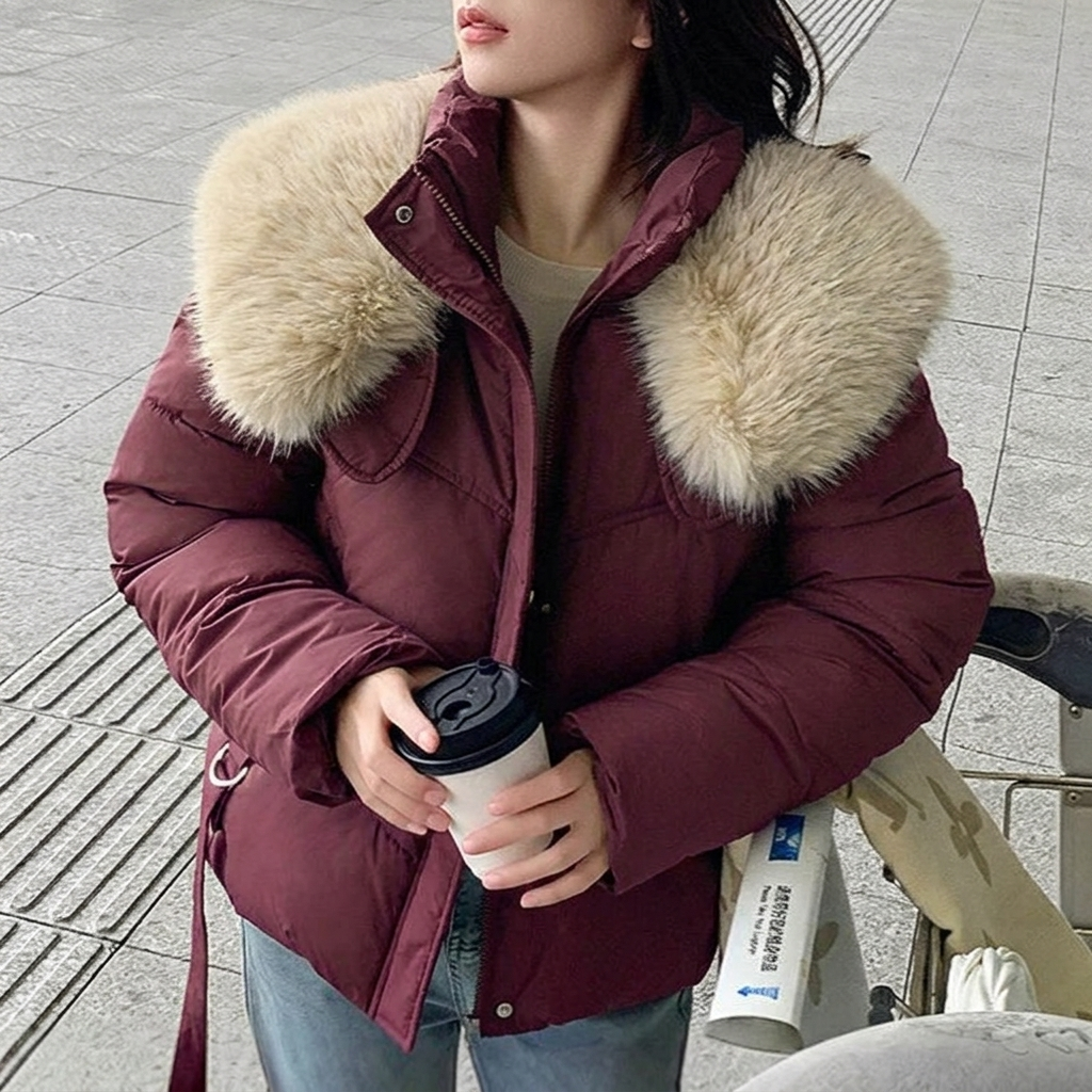 Women's Puffer Jacket with Stand & Fluffy Collar | Cropped Winter
