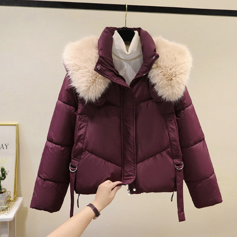 Women's Puffer Jacket with Stand & Fluffy Collar | Cropped Winter