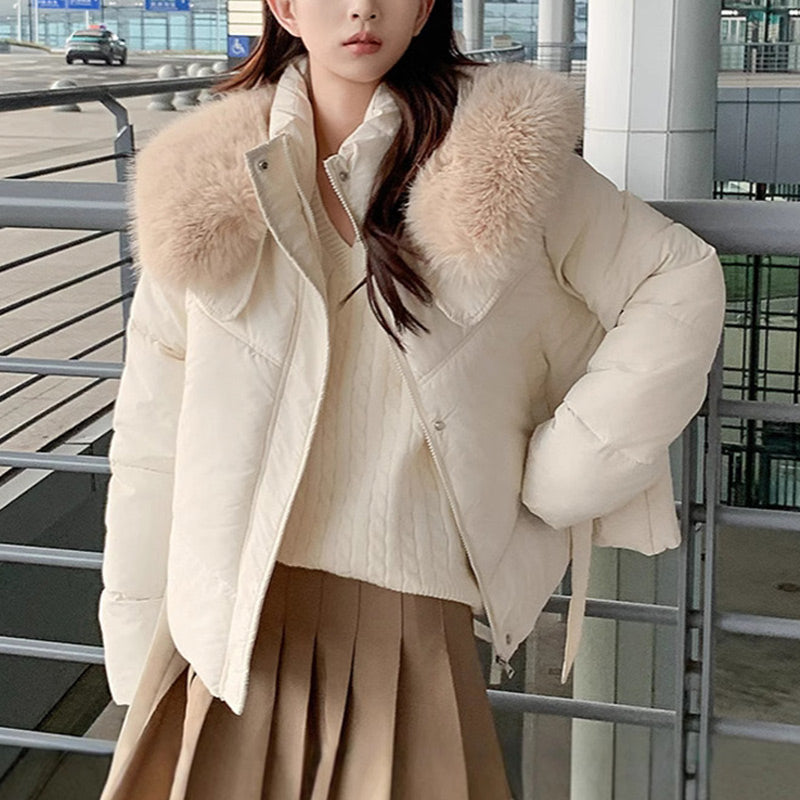 Women's Puffer Jacket with Stand & Fluffy Collar | Cropped Winter
