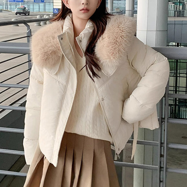 Women's Puffer Jacket with Stand & Fluffy Collar | Cropped Winter