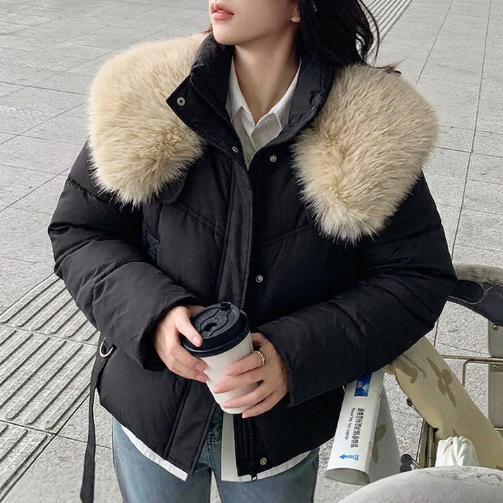 Women's Puffer Jacket with Stand & Fluffy Collar | Cropped Winter