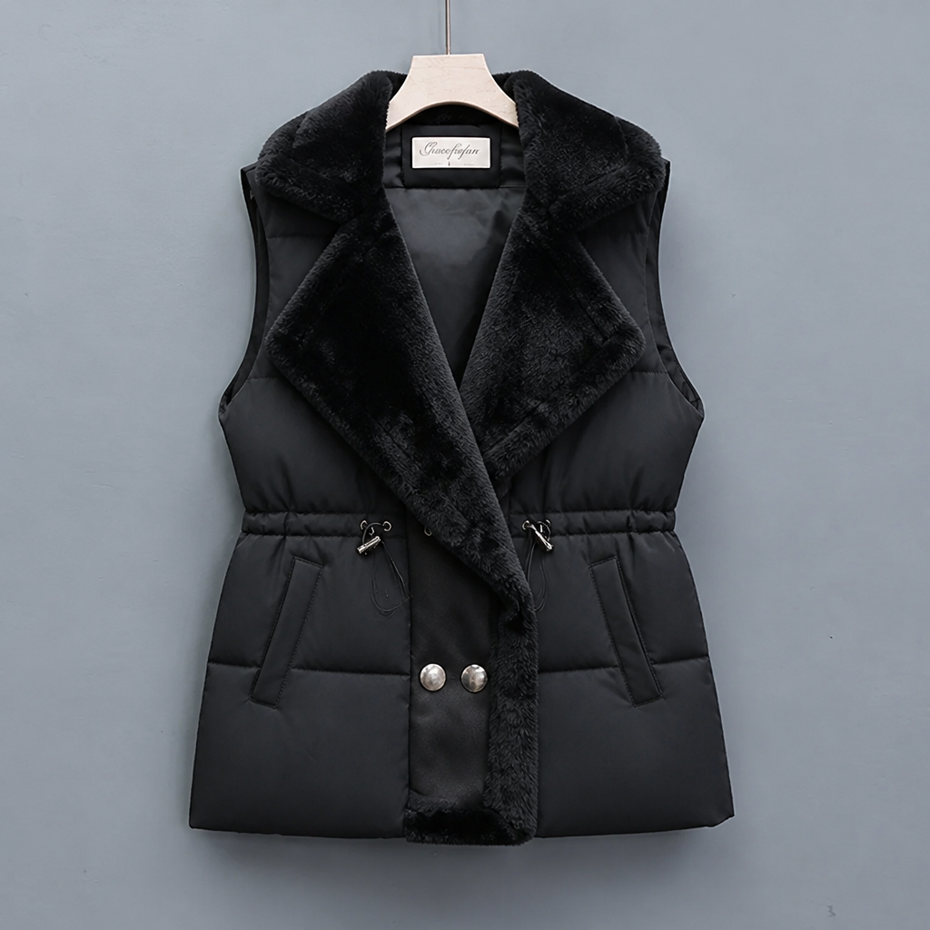 Women's Puffer Vest with Fluffy Collar & Drawstring Waist | Padded