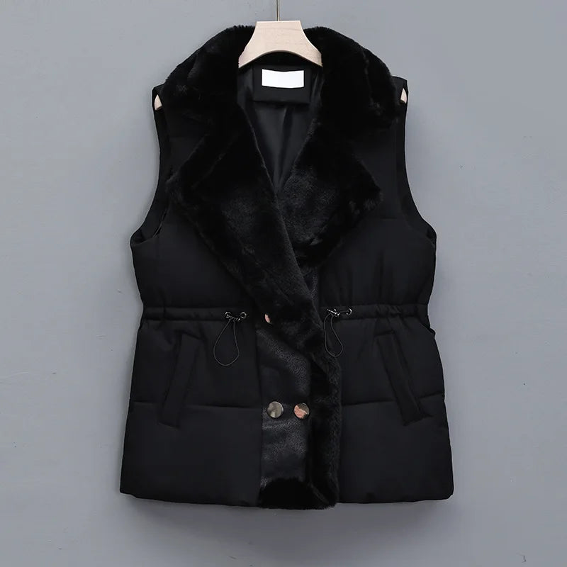 Women's Puffer Vest with Fluffy Collar & Drawstring Waist | Padded