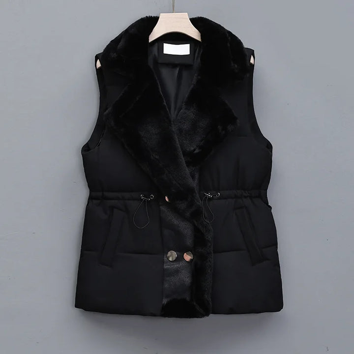 Women's Puffer Vest with Fluffy Collar & Drawstring Waist | Padded