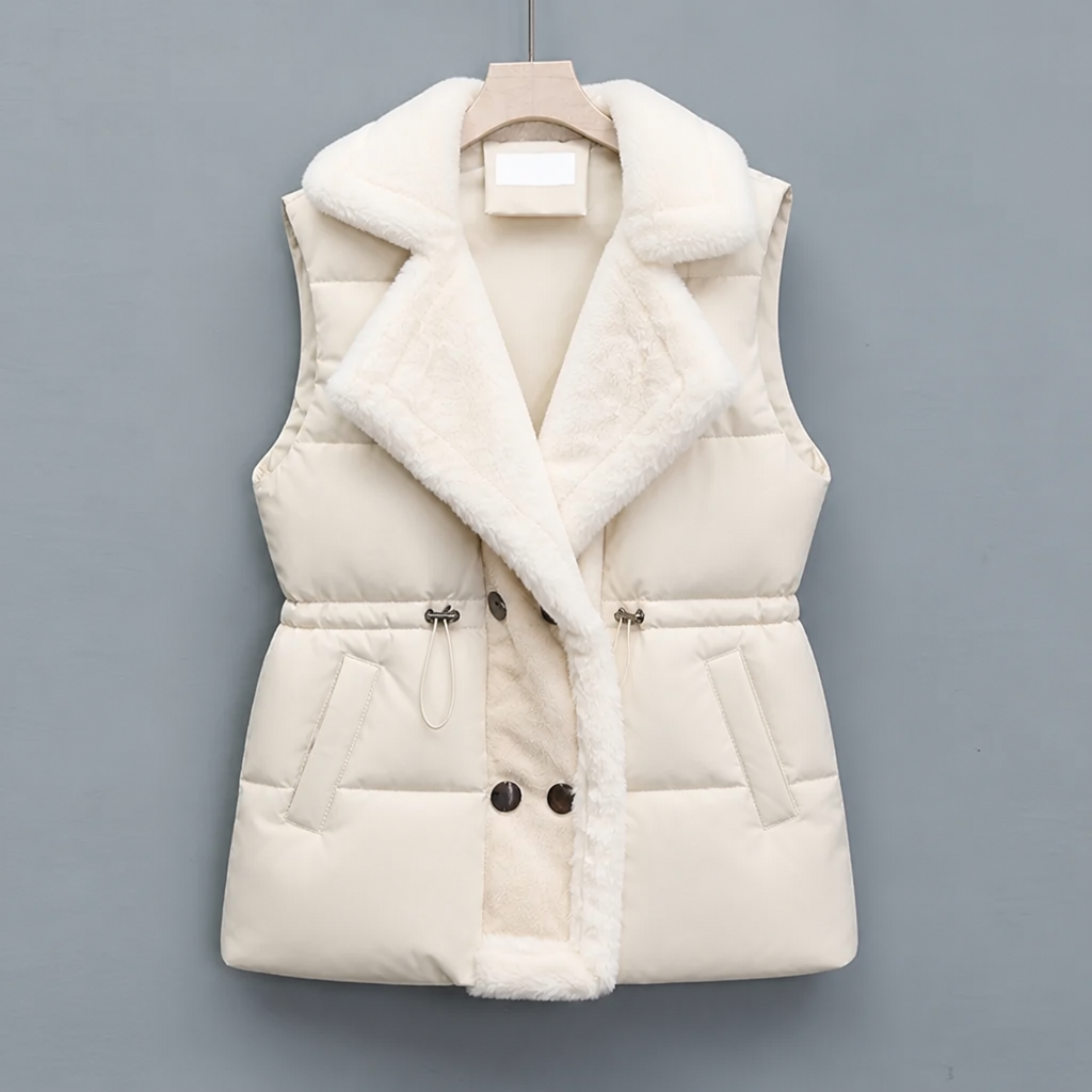Women's Puffer Vest with Fluffy Collar & Drawstring Waist | Padded